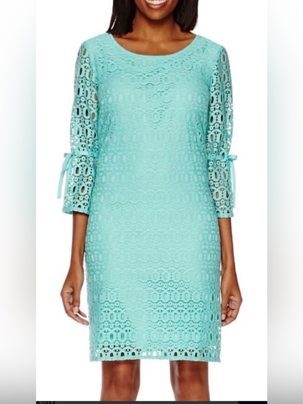 Madison Leigh Seafoam Green Eyelet Lace 3/4 Tie Detail Sleeve Sheath Dress Sz 6